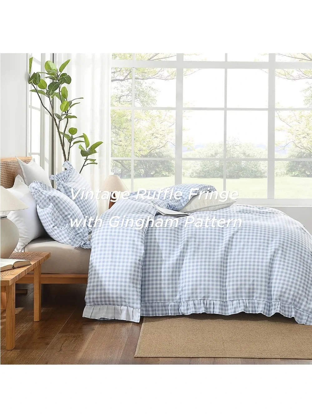 NEW Andency Blue Gingham 3-piece Duvet Cover King, Ruffle Shabby Chic
